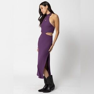 Stillwater Wide Rib Halter Cut Away Bodycon Midi Dress in Deep Purple NWT XS